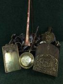 A box of plated brass and copper ware including plated tea services, copper hunting horn,