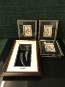 Three Iranian plaques, together with a jambiya in display case, all parts framed.