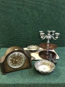 A tray of oak mantle clock, plated candelabrum, salt and pepper pot,