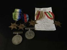 A WW II group of medals on suspension ribbons including The Stars of Africa And Italy awaded to