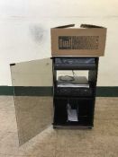 A boxed dual turntable together with a Technics hifi cabinet containing Yamaha double cassette deck,