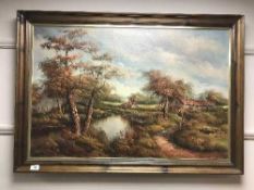 Clara Inness : Cottages by a river , oil on canvas, signed.