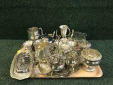 A tray of large quantity of plated items, three piece tea service on tray, toast rack,