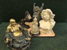 A tray of contemporary figure on wooden plinth together with horse, Buddha figure,