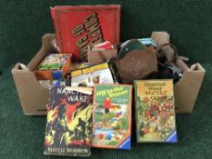 Two boxes of leather football, soft toys, tennis racket,