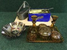 A tray of amber-glass trinket set, carnival glass bowl,