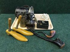 A tray of wooden shoe stretchers, vintage carriage lamp, coffee grinder, dressing table set,