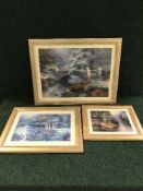 A pair of mahogany framed mirrors together with five contemporary Thomas Kincaid jigsaws and prints