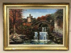 Dallas K Taylor : A waterfall by a bridge with castle beyond, oil on board, signed.