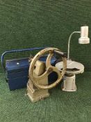 A box of air compressor, electric sprayer, compressor attachments, metal tool box and tools,