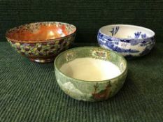 Two Cetem ware pottery bowls together with a Maling lustre bowl