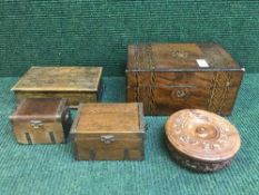 A tray of Victorian inlaid mahogany jewellery box together with a carved oak lidded box,