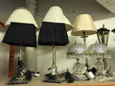 A pair of glass table lamps with drops, five contemporary table lamps,