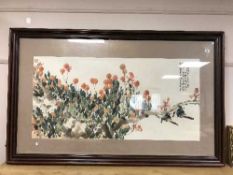 Chinese school : Watercolour depicting birds on a branch, signed.