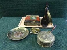 A wooden gong and beater on stand, brass ware,