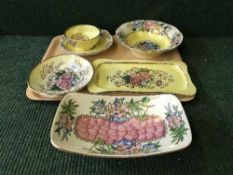 A tray of six pieces of Maling including Azalea shallow oblong dish and five pieces of Rosalind