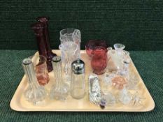 A tray of cranberry glass milk jug and sugar basin, sifter, silver rimmed fluted vases,