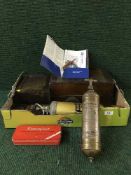 A box containing Victorian writing box, Paragon first aid case, vintage fire extinguishers,