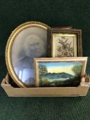 A box of framed antiquarian pictures including a hand painted floral panel, photographs,