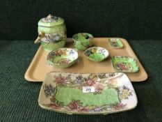 A tray of seven pieces of Maling pottery including Springtime waved green biscuit barrel ,