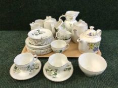A tray of English pottery tea service, bone china jug, Ringtons floral trellis teapot,