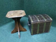 An antique oak brass bound coal receiver together with a mahogany plant table
