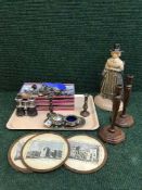 A tray of cast metal companion set, three pairs of field glasses, plated cruet set,