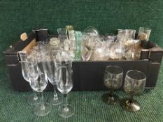 Two boxes of glassware, drinking glasses, vases, ashtrays,