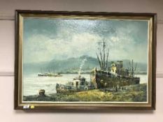 H Walter : Boats at low tide, oil on canvas.