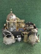 Two boxes of antique and later metal ware including pewter spirit kettle on stand, oil lamps,
