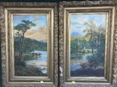A pair of early twentieth century gilt framed oils on panels - Fisherman at a river and Cattle