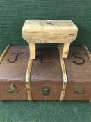 A mid twentieth century wooden bound trunk together with a pine cracket