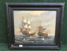 A framed oil on canvas - Galleons in battle,