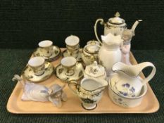 A tray of fifteen piece hand painted tea service, two Leonardo china figures,