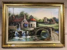 Dallas K Taylor : A water wheel by a bridge, oil on board, signed.