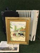An oil filled radiator together with a luggage case and unframed watercolour
