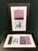 Eight framed prints depicting salon chairs and French furniture