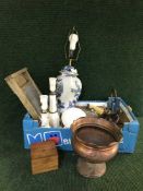 Two boxes of continental table lamps, copper planter, wall plates, musical box,