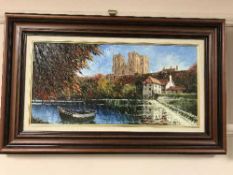 Dallas K. Taylor : Durham Cathedral from the River Wear, oil on board, signed, framed.