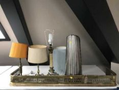 A brass fender together with a chrome coal bucket, walking stick,