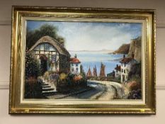 Dallas K. Taylor : Cobbled street by a coastal town, oil on board, signed, framed.