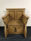 A golden oak storage church chair
