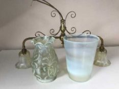 Two way brass light fitting with vaseline glass shades and two other glass shades