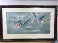 Chinese School : Koi Carp, watercolour, signed, framed.