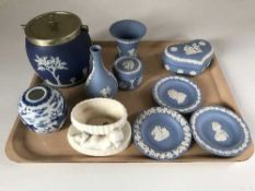 A tray of eight pieces of Wedgwood blue and white jasper ware,