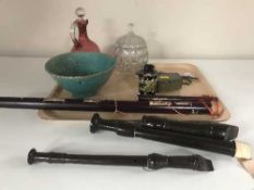 A tray of cranberry glass jug, wrist watches,