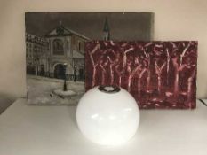A Guzini opaque plastic light shade and five un-framed oils on canvas