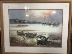 A pine framed oil - boats in a harbour,