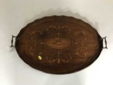 A Victorian inlaid mahogany twin handled gallery tray