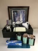 A Beldray steam mop and a box of filter jug, toaster,
